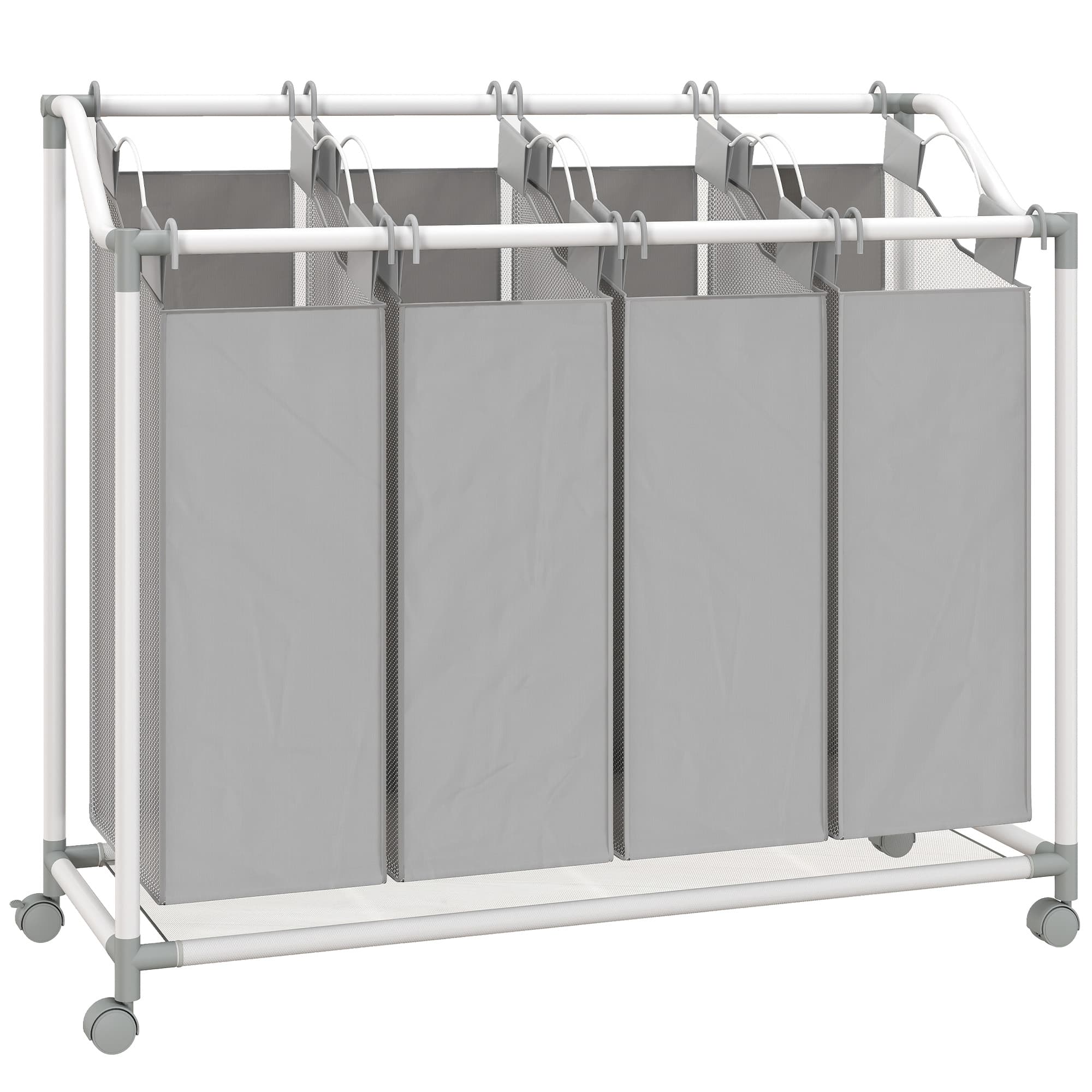 HOMCOM Panier à linge mobile, chariot linge sale, corbeille à roulettes avec 4 sacs amovibles, 4 x 40L, 97 x 38 x 81 cm, gris