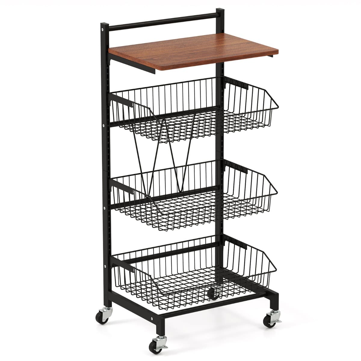 CostwayChariot de Rangement de Cuisine sur Roues Chariot de Stockage pour Fruits et Légumes avec Paniers Réglables en Hauteur et Amovibles