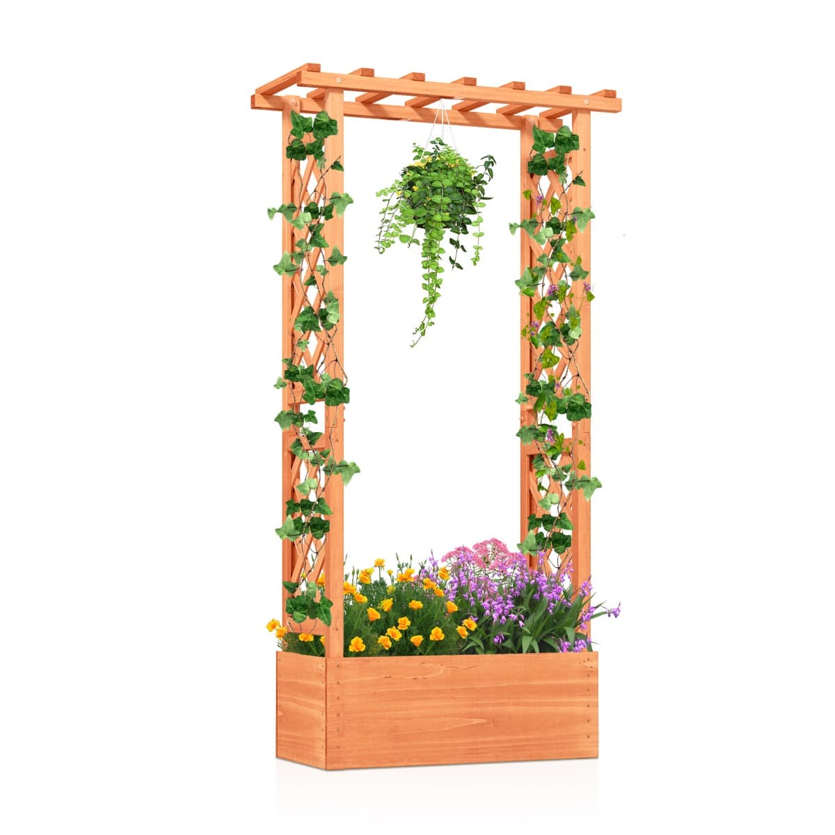CostwayJardinière avec Treillis Toit Suspendu en Bois avec Trou de Drainage Lit de Jardin Surélevé pour Plante Grimpante 66 x 32 x 152 cm Orange