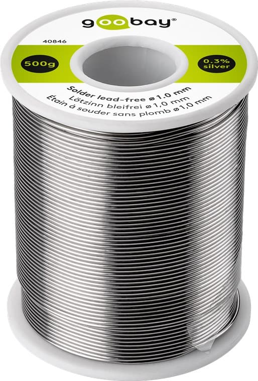 Brasure sans plomb, ø 1,0 mm, 500 g Composition : 0,3% argent, 0,7% cuivre, 96,5% étain, teneur en flux : 2,5%, point de fusion 217°C