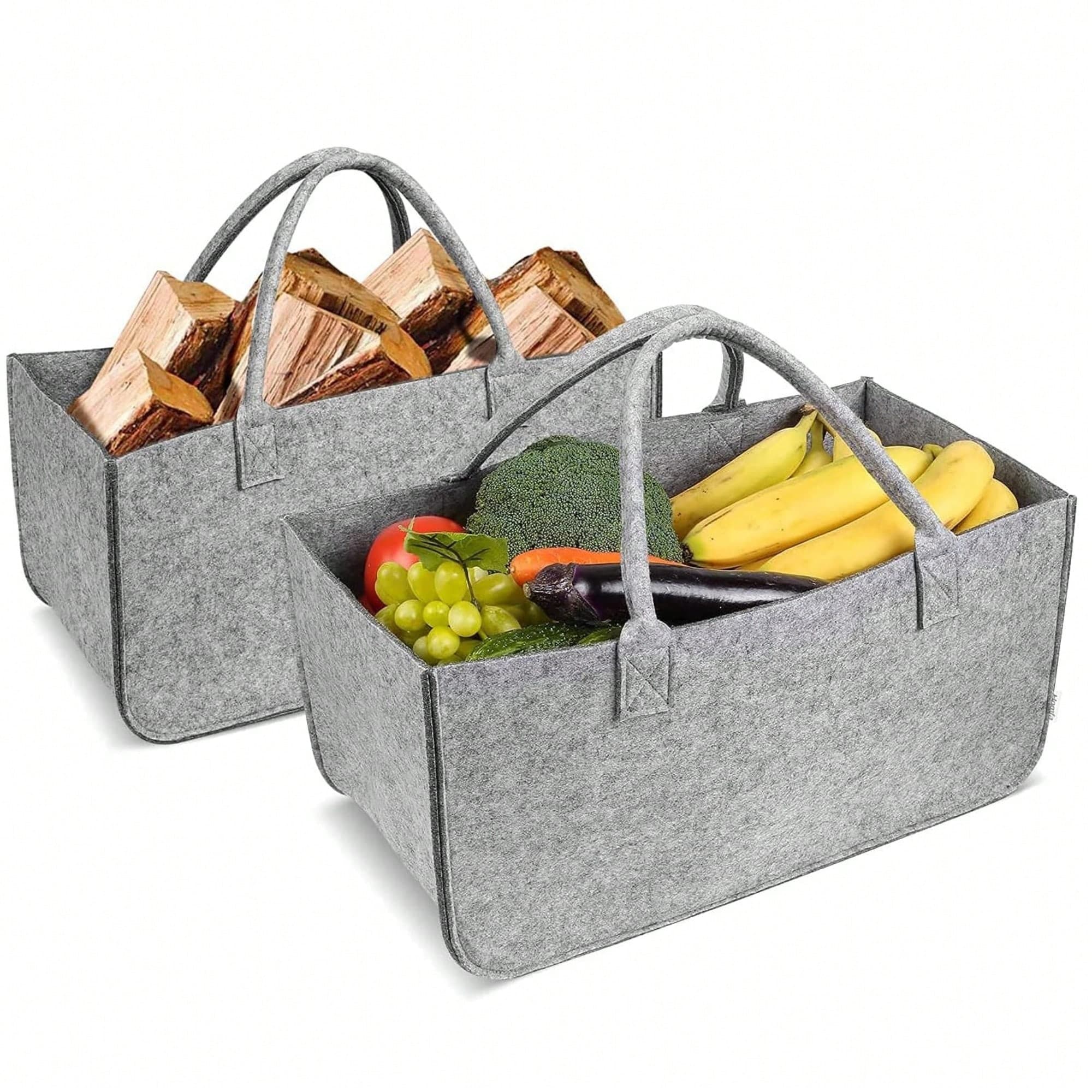 Furchen Lot de 2 sacs en feutre pour cheminée en bois, sac en feutre pliable, panier de courses pour bois de cheminée et journaux, panier Ã