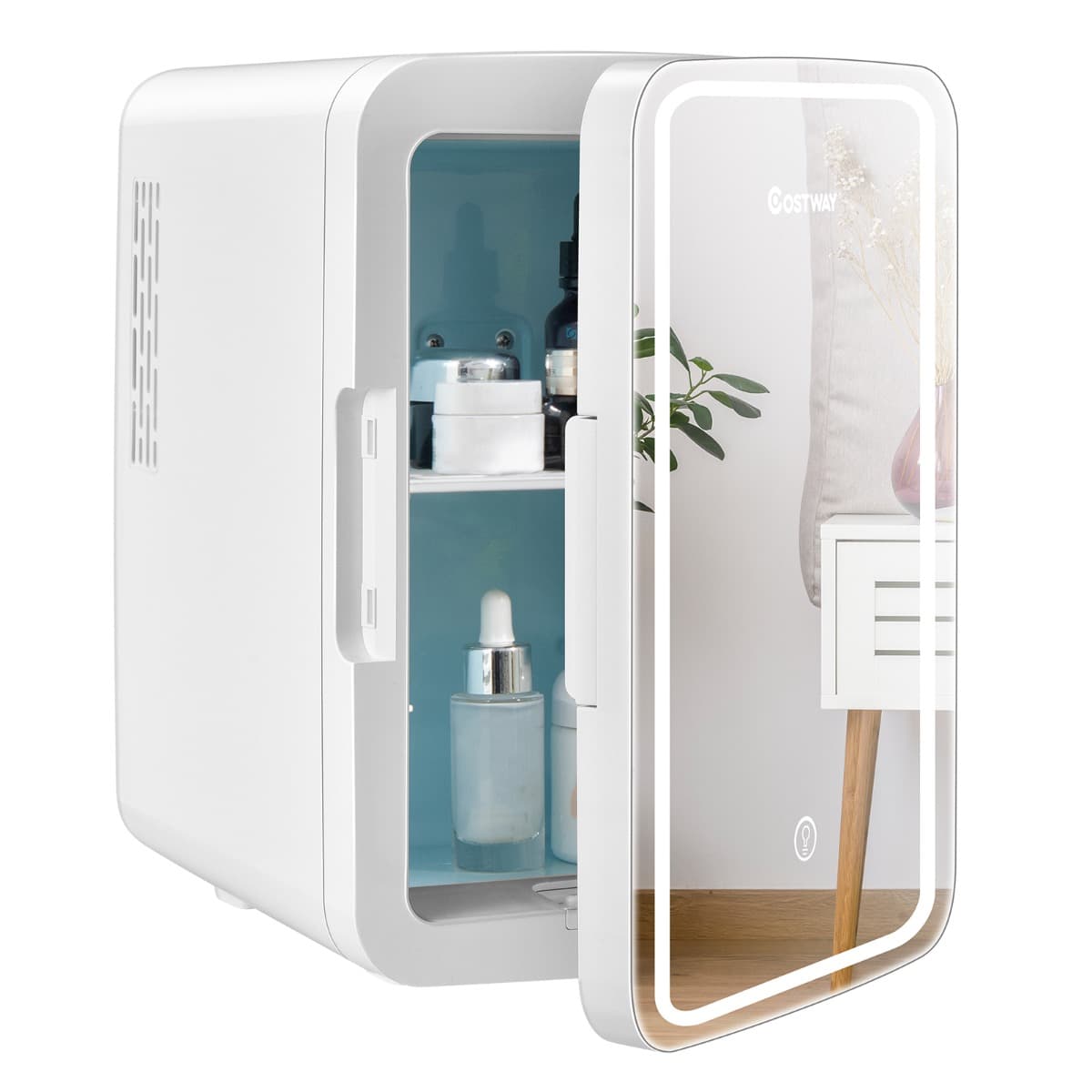 CostwayMini Réfrigérateur de Maquillage Portable 10L Miroir LED Etagères Amovibles 12V DC/220V AC Refroidisseur Thermoélectrique