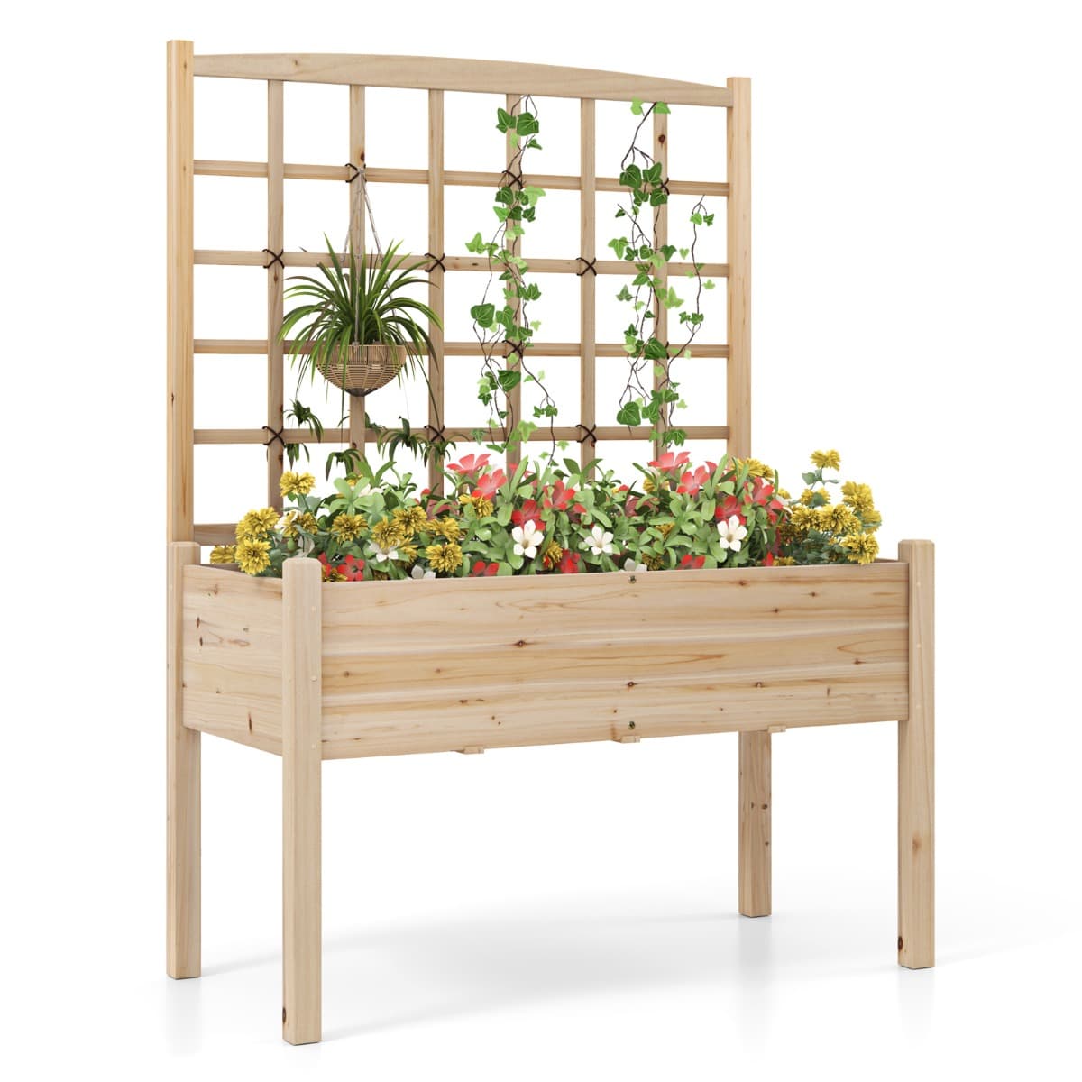 CostwayJardinière avec Treillis en Bois pour Plantes Grimpantes Lit de Jardin Surélevé avec Trous de Drainage Charge 80 KG Naturel